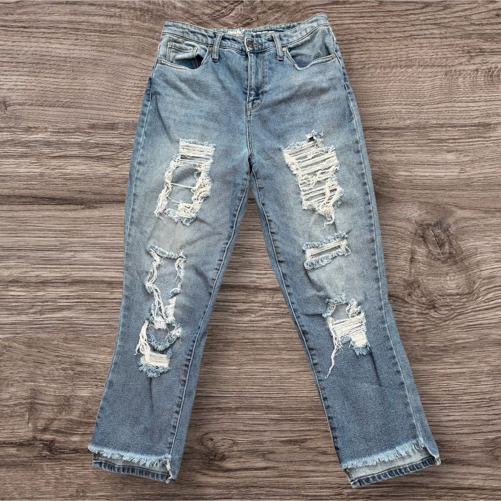 Mossimo Supply Co High Rise Mom Jeans Distressed Ripped Frayed Stretch 8/29